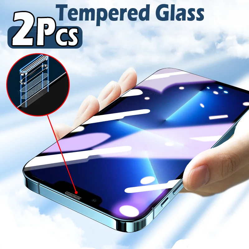 2Pcs Dustproof Grid 9H Tempered Glass For iPhone 15 14 Plus 13 12