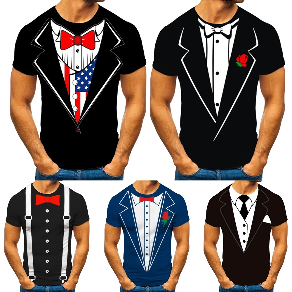 

New Summer Harajuku Streetwear Bow Tie 3D T-shirt Funny Fake Suit Tuxedo Tie Printed T Shirt Men Women Fashion Casual Tops