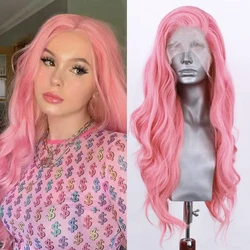 Pink Body Wave Synthetic Lace Front Wig - Heat Resistant, Long Wave - 26inches (Pink)