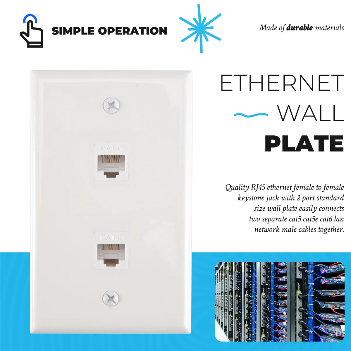 AAA87 1 Pack 2 Port Ethernet Wall Plate, Cat6 Female to Female Wall Jack RJ45 Keystone Inline Coupler Outlet, White