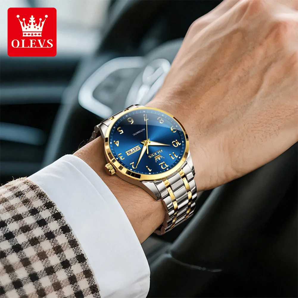 OLEVS 7078 Men's Watch Original Number Scale Mechanical Watch For Men Dual Calendar 30M Waterproof Fashion Automatic Wristwatch