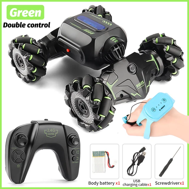 2.4G RC Car Toy Gesture Sensing Twisting Stunt Drift Climbing Car Radio Remote Controlled Cars RC Toys for Children Boys Adults - Green 2RC remote 1B