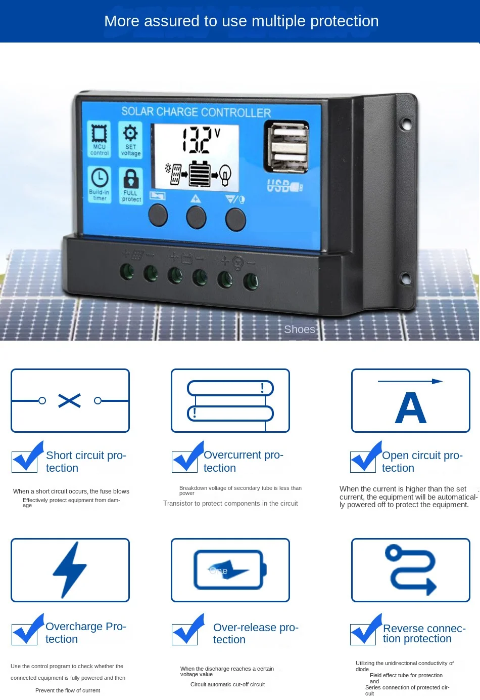 Контроллер заряда солнечных батарей с дисплеем и USB PWM, W88-C