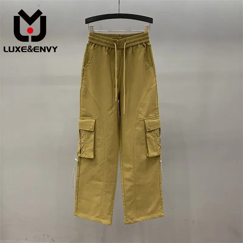 

LUXE&ENVY Trendy Workwear Pants Women New High Waisted Loose Fitting Straight Tube Cotton Sports Wide Leg 2023 Autumn