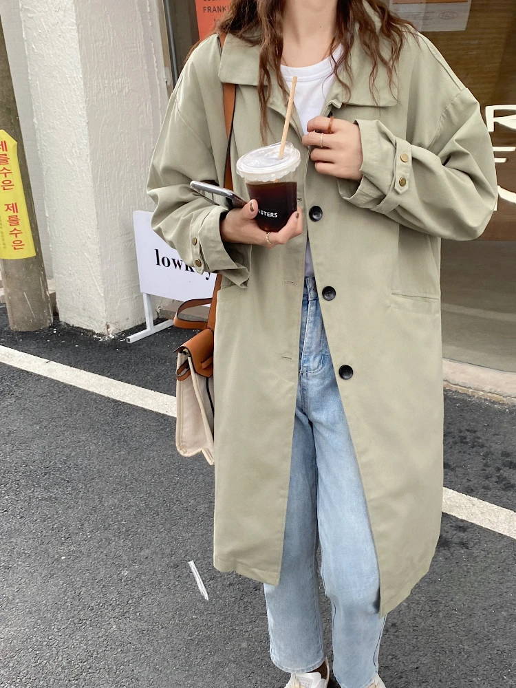 

Женский Повседневный длинный прямой тренчкот, куртка, новинка 2022, Женская однобортная ветровка, однотонная верхняя одежда