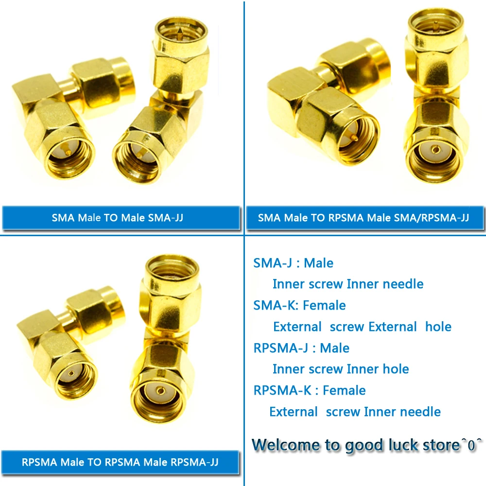 

Dual RP-SMA SMA Male to SMA RPSMA RP SMA Male plug 90 Degree Right Angle Gold Plated Brass RF Connector Adapter