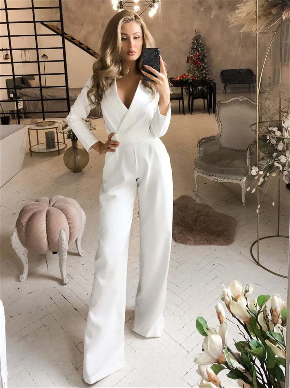 White Jumpsuit Women 2023 New in V-neck Slim Waist Wide Leg Pants Bodysuits Elegant Office Ladies Party Jumpsuit