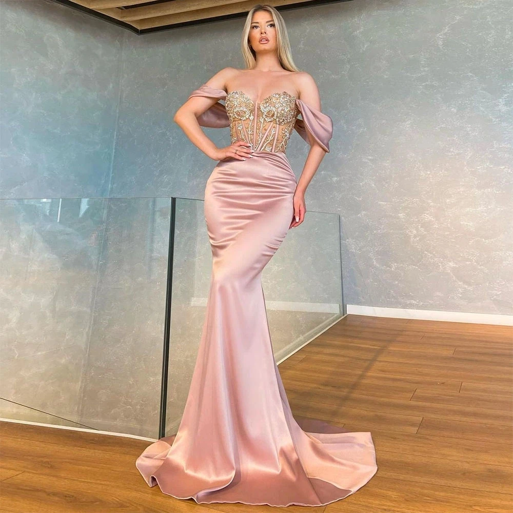 

Beading Crystal Satin Mermaid Prom Dresses Off the Shoulder Evening Gown Dubai Women Pleats Formal Party Robe فستان سهرة Noche
