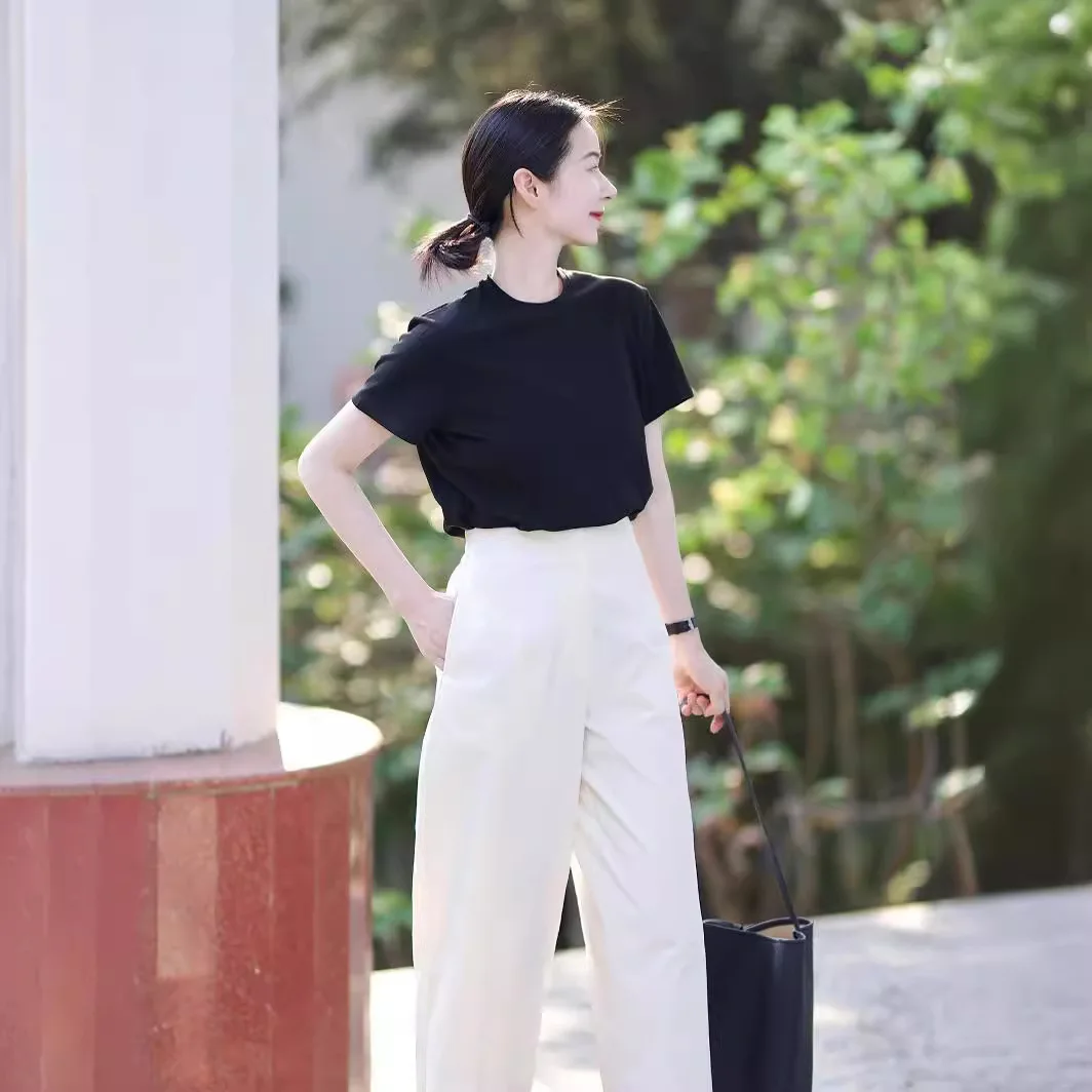 White Cotton Nine Points Haren Pants Women's Summer Thin Design Sense Niche Straight Leg Loose Slim Casual Wide Leg Pants