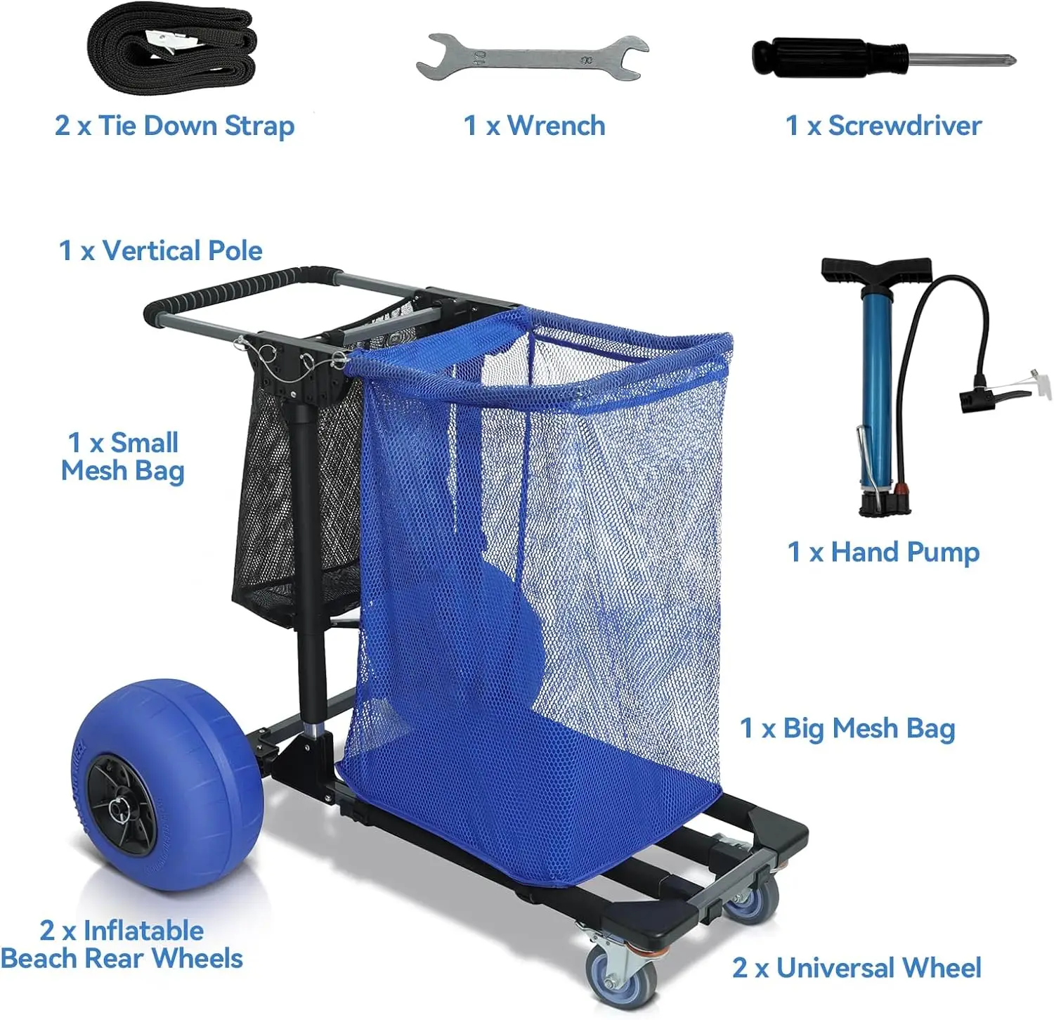 12"Sand Tires Adjustable Handle,Large Capacity Cart with Storage Pockets,Straps &Beach Chair Hooks,Maximum Weight Capacity220lbs