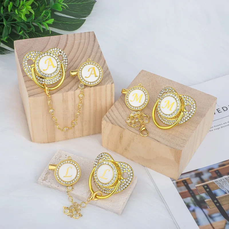 Luxury Zircon Baby Pacifier Clip 26 Letters Gold Newborn Personalized Pacifiers Holder Silicone Infant Teether Nipple Bpa Free 4