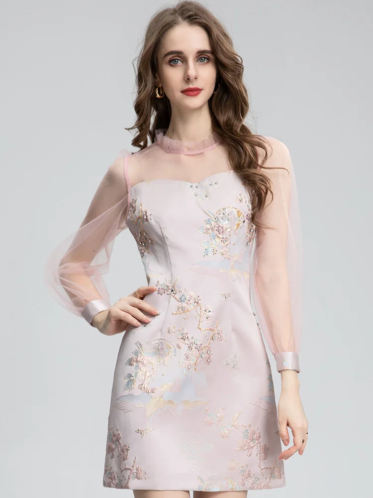 

MoaaYina Fashion Designer dress Autumn Winter Women Dress Mesh Lantern Sleeve Beading Flower print Jacquard Pink Short Dresses