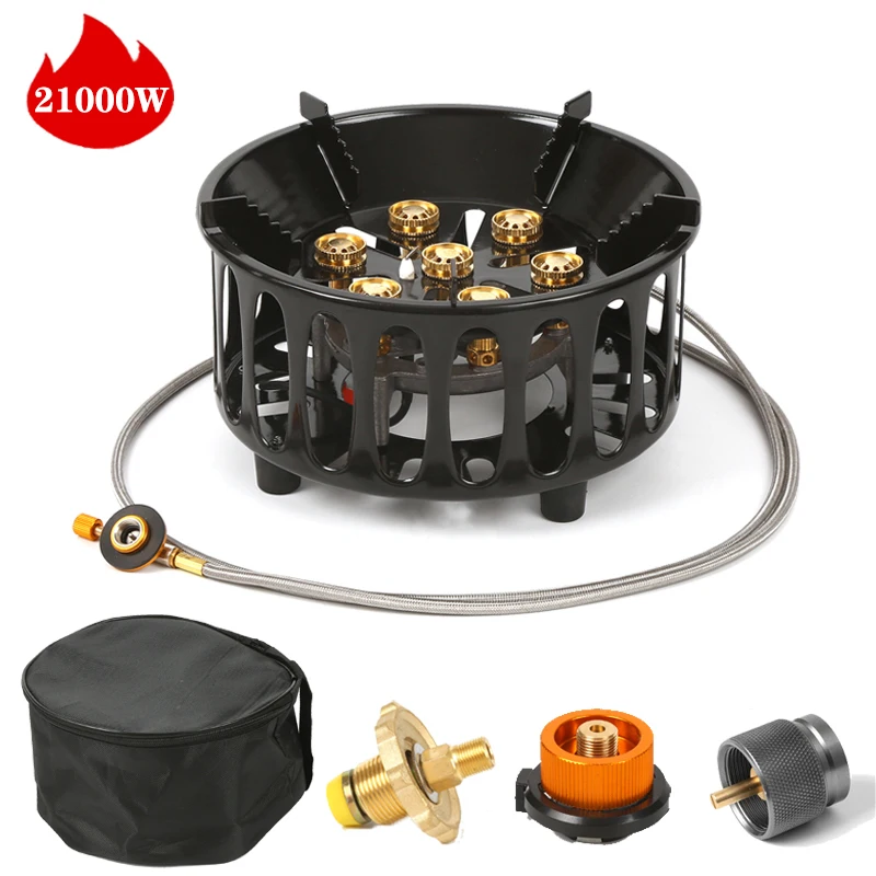 Outdoor Hiking Gas Stove 21000W 7-Core Strong Fire Power Camping Picnic BBQ Burner Portable Windproof Electronic Ignition Stoves