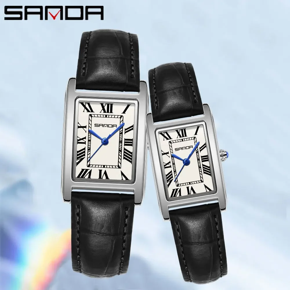 SANDA New Luxury Tank Couple Watch Wear Resistant Leather Strap Square Dial Waterproof Sport Casual Men Women Quartz Watches Hot