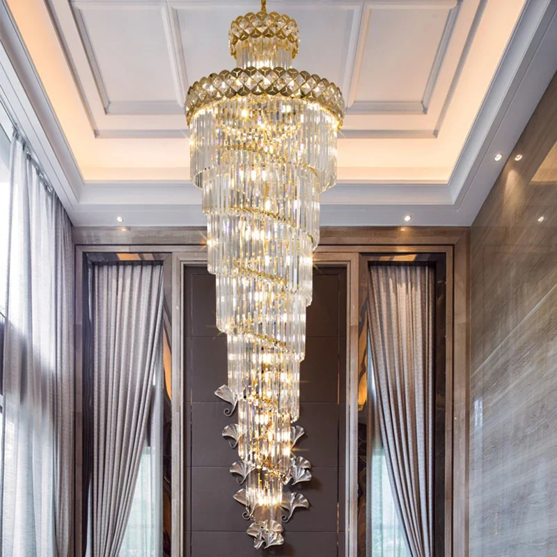 

Modern Luxury Stairs Large Crystal Chandeliers Hanging Lamp Villa Hotel Lobby Loft Living Room Decor Rotating Long Pendant Light
