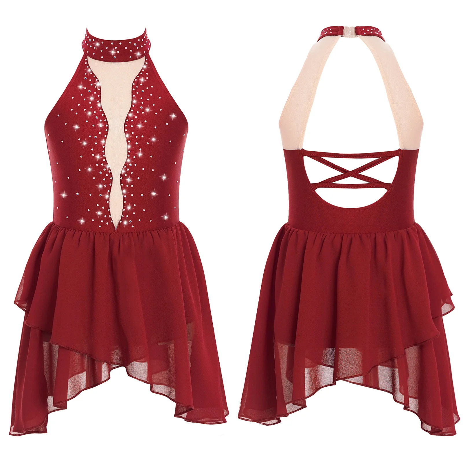 thumbnail image 1 of Traje de baile lírico de Ballet para patinaje artístico con diamantes de imitación para niñas, vestido de baile de Salsa, Rumba y Tango con dobladillo Irregular de malla transparente, 1 of 5