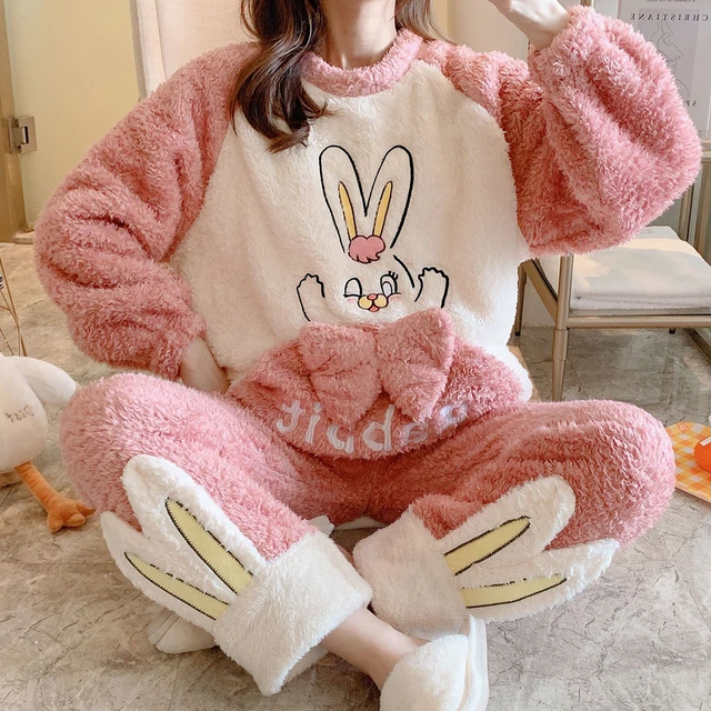 Roupa De Dormir Feminina Kawaii Flanela Conjunto De Pijama Feminino Inverno  Veludo Manga Longa Roupas Quentes Para Casa Anime Pijama Para Jovem  Camisola Gif De $124,7