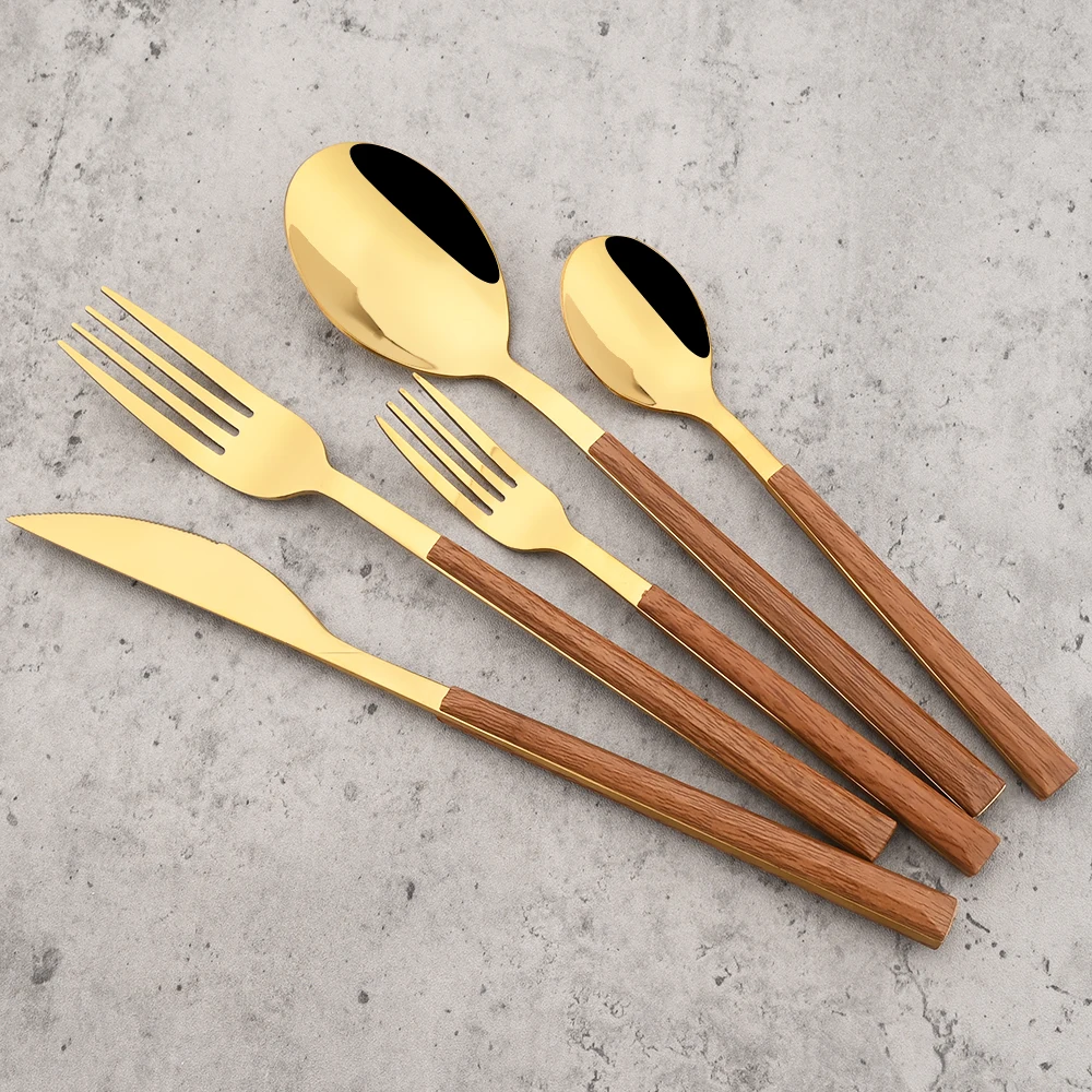 6Pcs Wood Handle Cutlery Set Steak Knife Fork Tea Spoon Chopsticks Dinnerware Stainless Steel Tableware Western Kitchen Flatware