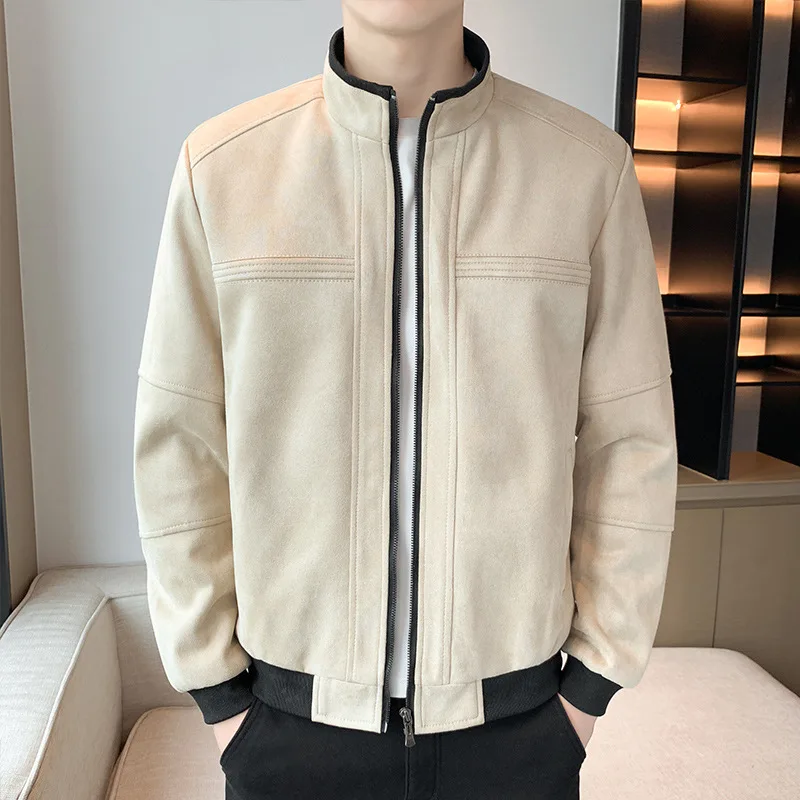 

Мужская Вельветовая куртка с воротником-стойкой, новая приталенная однотонная зеленая повседневная куртка из оленьей кожи, 2024