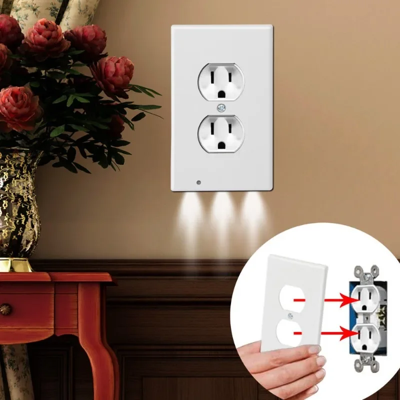 Duplex Electrical Outlet Modern Plugboard Plug-In Electrical Receptacle Wall Plate With LED Night Lights-Auto On/Off Sensor wall touch switch socket pixel style switch board