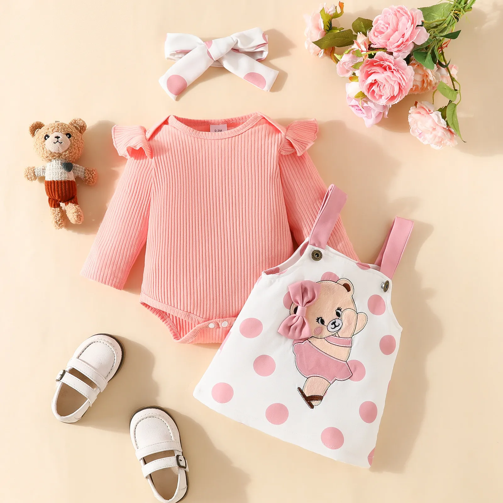 

3Pcs Infant Baby Girls Clothes Sets Ribbed Romper Tops Cute Bear Prints Overalls Skirts Infant Outfits Newborn Clothes 3M 6M 18M