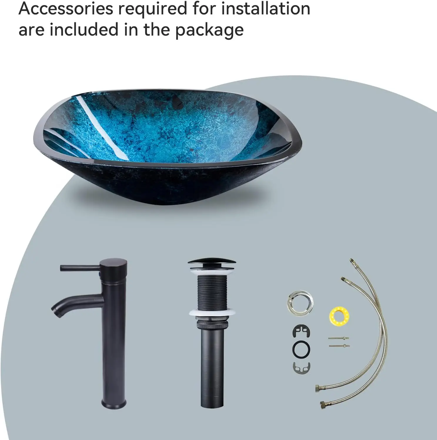 Bathroom Vessel Sink,Bowl Vessel Sink with Faucet and Drain Combo,Blue Tempered Glass Vessel Sink for Bathroom 3