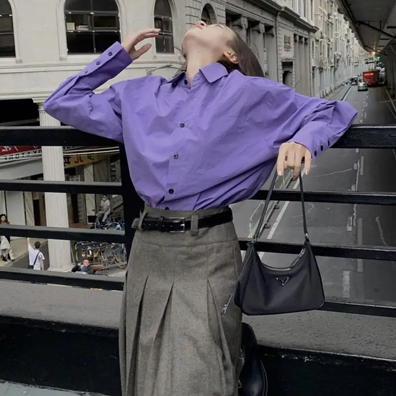 Fashion Elegant Purple Shirts Women Spring Autumn Vintage New Loose Button Down Long Sleeve Blouses Tops Mujer