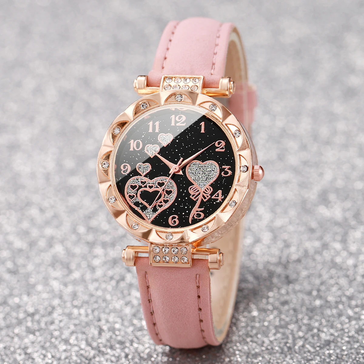 3pcs/set Women Fashion Leather Strap Heart-shaped Dial Quartz Watch for Ladies Black White Pink Set 3