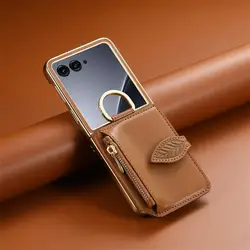 Luxury Card Pocket Wallet Mirror Stand Leather Case with Ring Holder for Razr 70 Ultra (Brown)