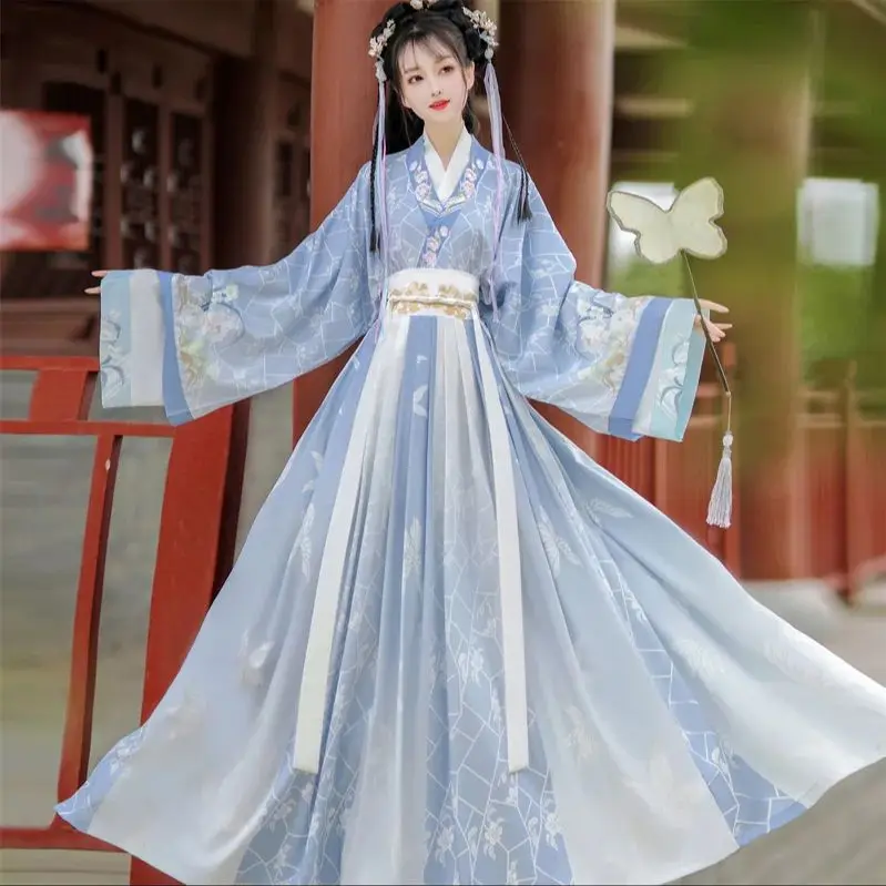 

In Stock Hanfu Women's Chinese Traditional Han Clothes Blue Dress Cosplay Party Clothing Ancient Perform Costume Han Fu Female