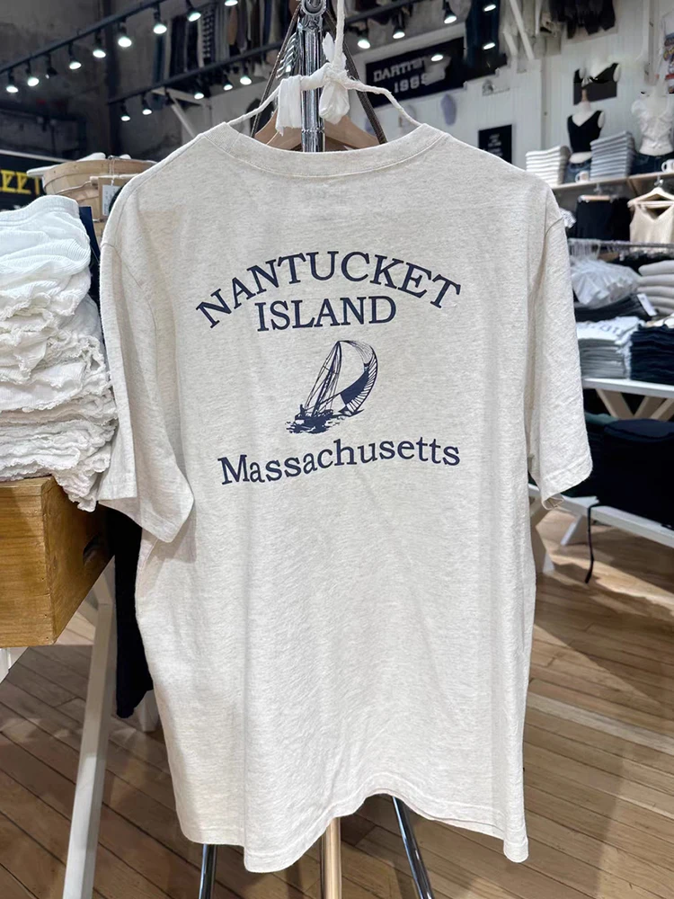 

Футболка женская с принтом парусника, свободная уличная одежда с буквенным принтом, повседневная хлопковая Футболка с круглым вырезом и коротким рукавом, винтажный Топ оверсайз, цвет серый, лето