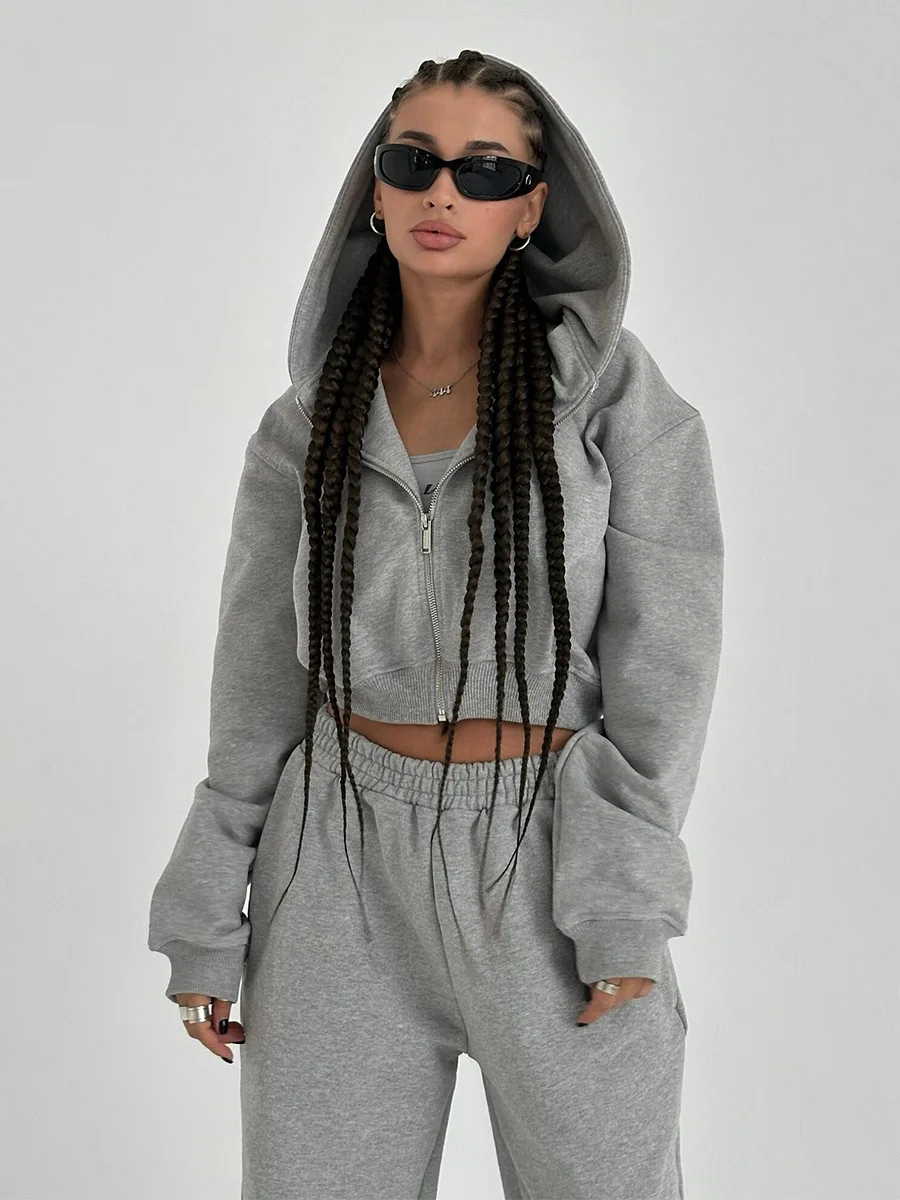Bornladies New Women's Cropped Hoodie Sweatpants Set Loose Drawstring Waist Zipper Cardigan  Autumn Casual Trendy Hoodie  Outfit