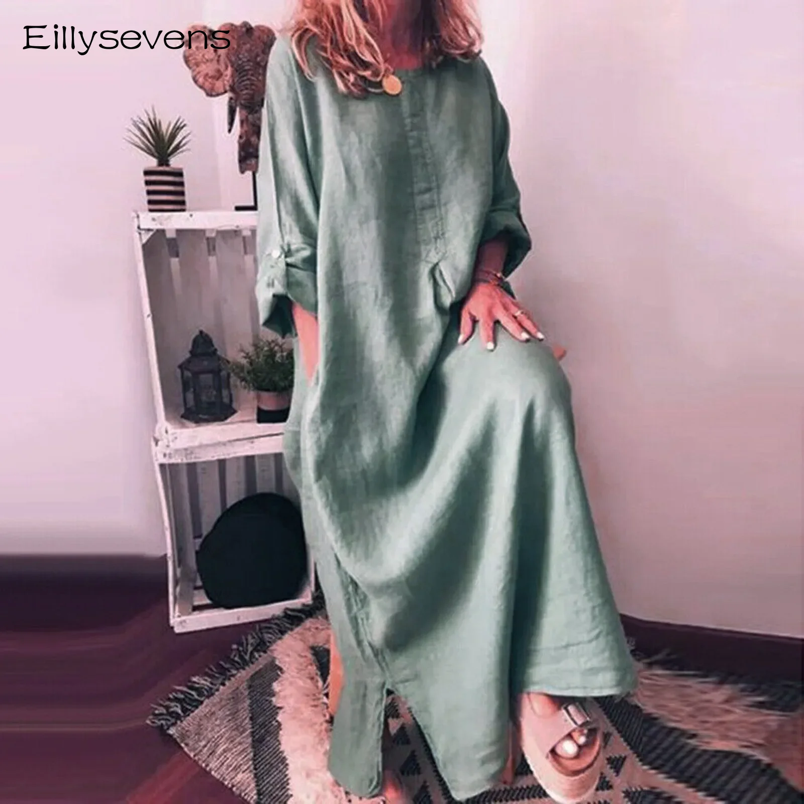 

Women Long Maxi Dresses Plus Size Solid Color Loose Cotton Linen Dress With Pocket Summer New Straight Vestodis Female