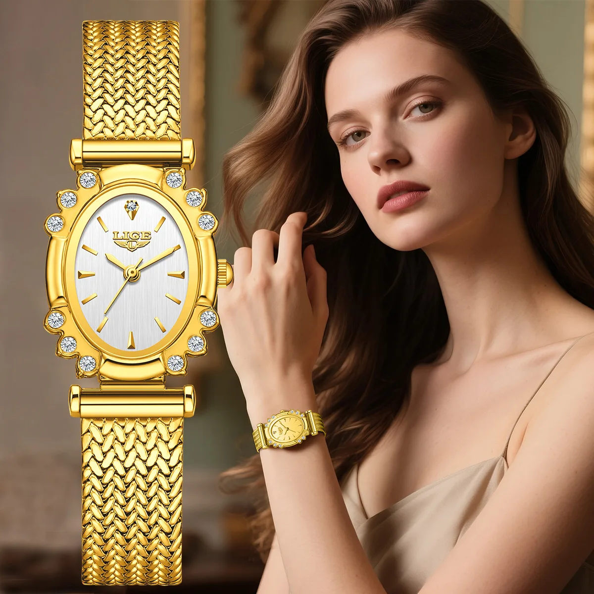 LIGE 2026 Luxury Women Watches Fashion Gold Black Rectangle Woman Quartz Watche…