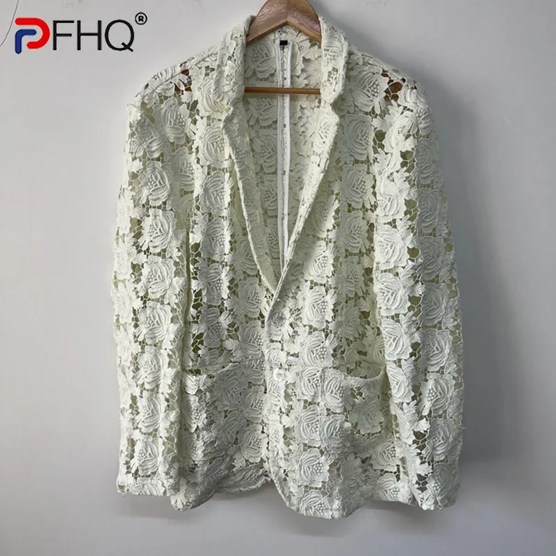 

PFHQ Solid Color Long Sleeve Embroidery Hollow Out Causal Blazers For Men Single Breasted Men's Coat 2023 Summer New 21F3876