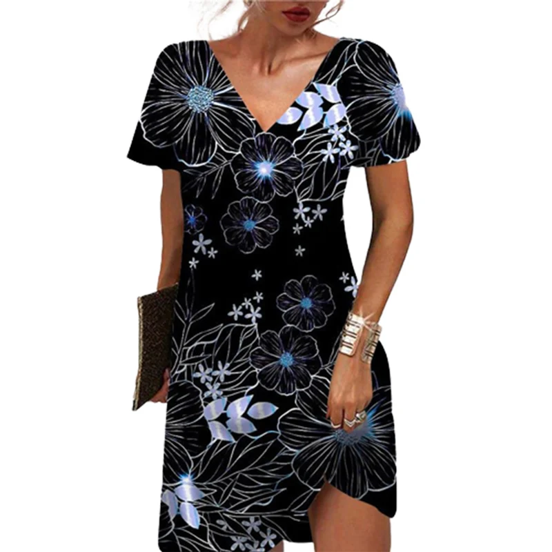 

Elegant Botanical Floral Print V Neck Pullover Short Sleeve Dresses Female Summer Loose Commuter Dressy Women's Midi Waist Gown