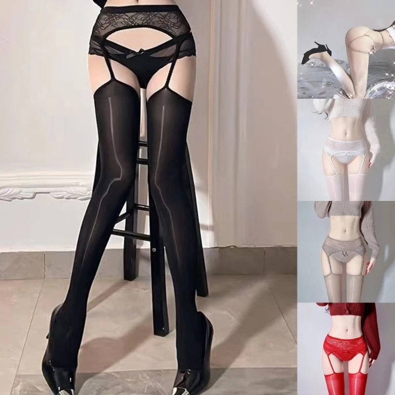 

Womens Oil Solid Thigh High Pantyhose Stockings with Lace Garter Belt Sexy Open Crotch See Through Tights Lingerie