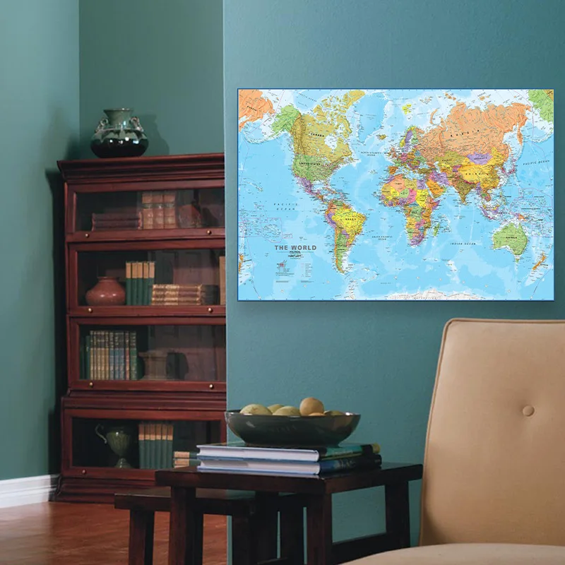 World Map 75*50cm Details Spray Canvas Painting Wall Art Poster Home Decoration Office School Supplies In English