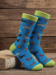 Novelty Cute Dog Print Cotton Crew Socks - Funny Animal Pattern Mid - Calf Casual Socks - 39 - 42 (Blue)