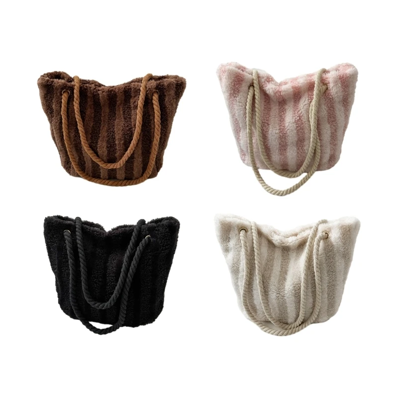 

2023 Stripe Plush Bag for Girl Women Shoulder Bag Large Capacity Versatile Tote Bag Trendy Leisure Bag Shopping Bag