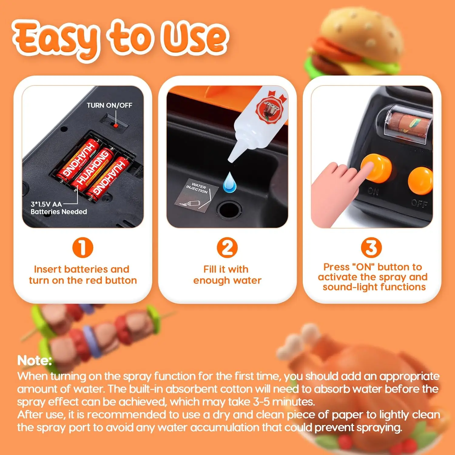 CUTE STONE 2-Layer BBQ Toy Set, Kids Grill with Food, Smoke Sound & Light, Camping BBQ Gift 5