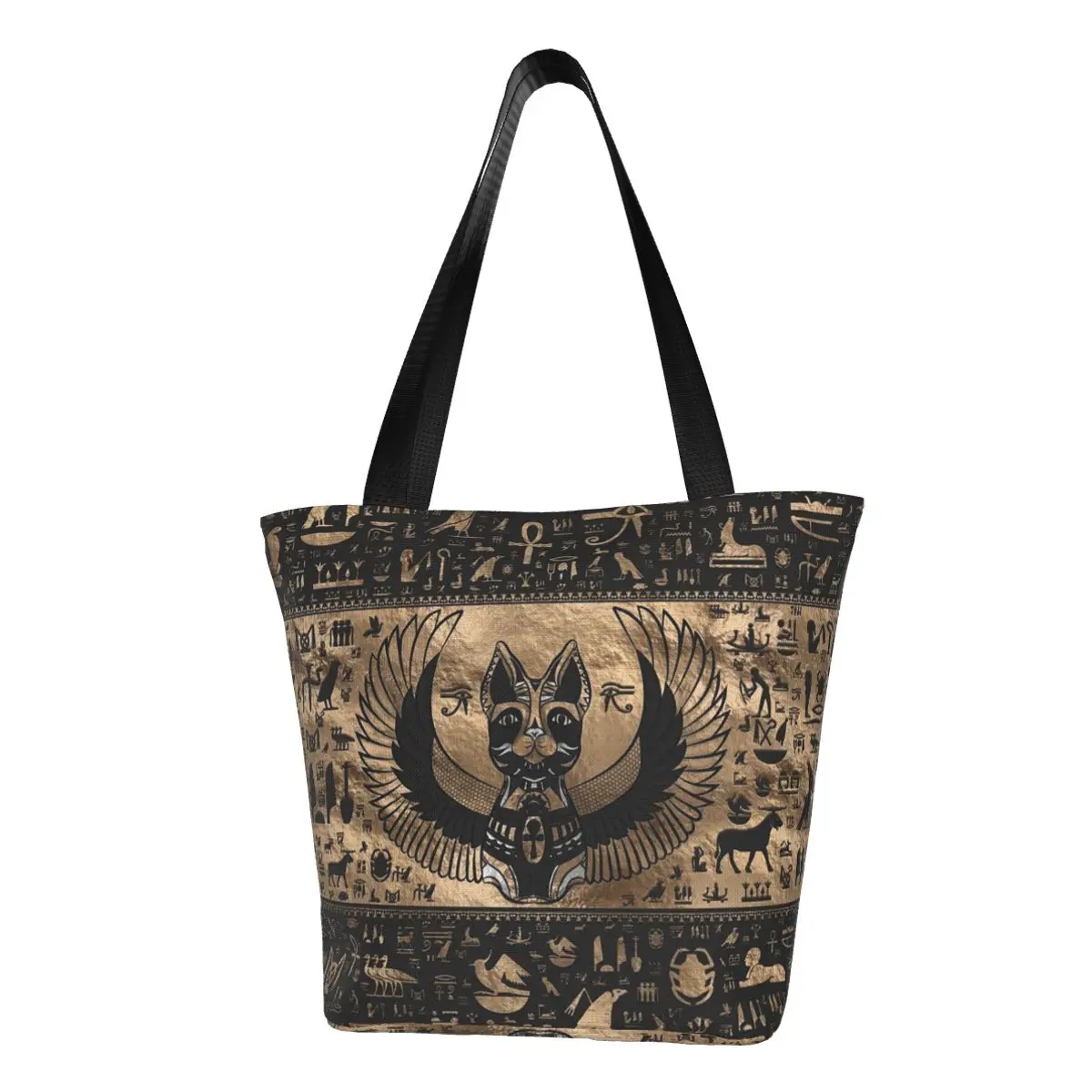 

Egyptian Cat Goddess Bastet Shopping Bag Women Canvas Shoulder Tote Bag Ancient Egypt Hieroglyphs Groceries Shopper Bags
