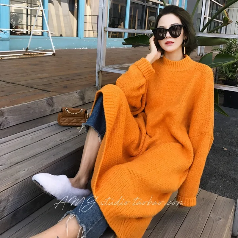 

Women New Fashion Knitted Dresses Loose Casual Long Sleeve Woman Sweaters Oversized 2022 Autumn Winter Warm Sweater Dresses Long
