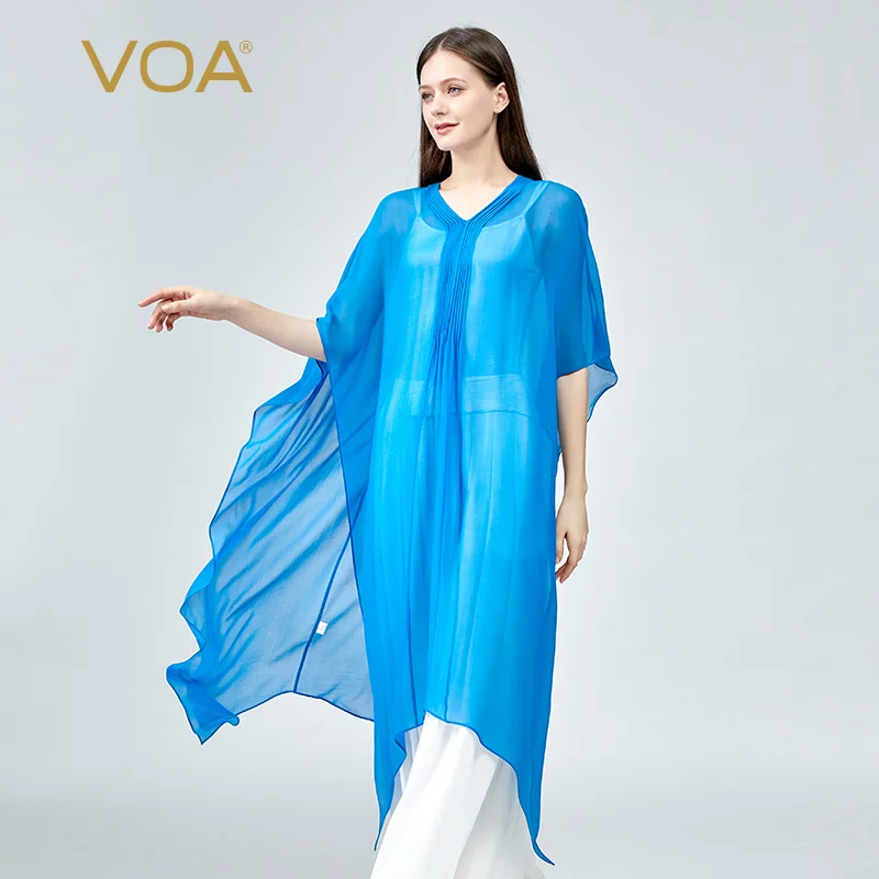 VOA100 % 실크 조젯 v 넥 레이스 업 박쥐 슬리브 터커 플레 티드 망토 스타일 샤프 앵글 진자 썬 프로텍션 자켓 WE158