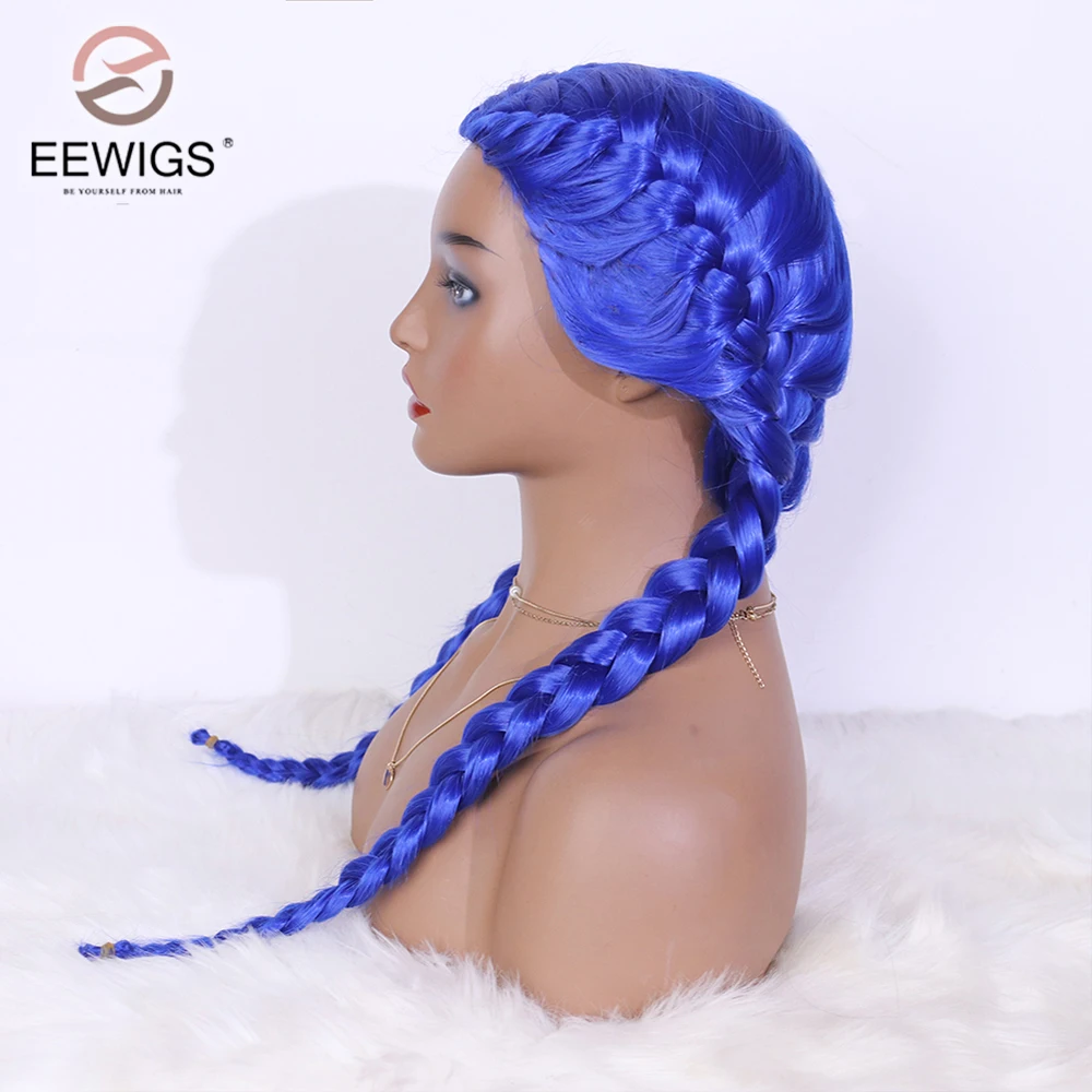 Full Machine Heat Resistant Wig Black Blue Synthetic Two Braid White Blonde  Long Wavy Curly Cosplay Braided Wigs For Women