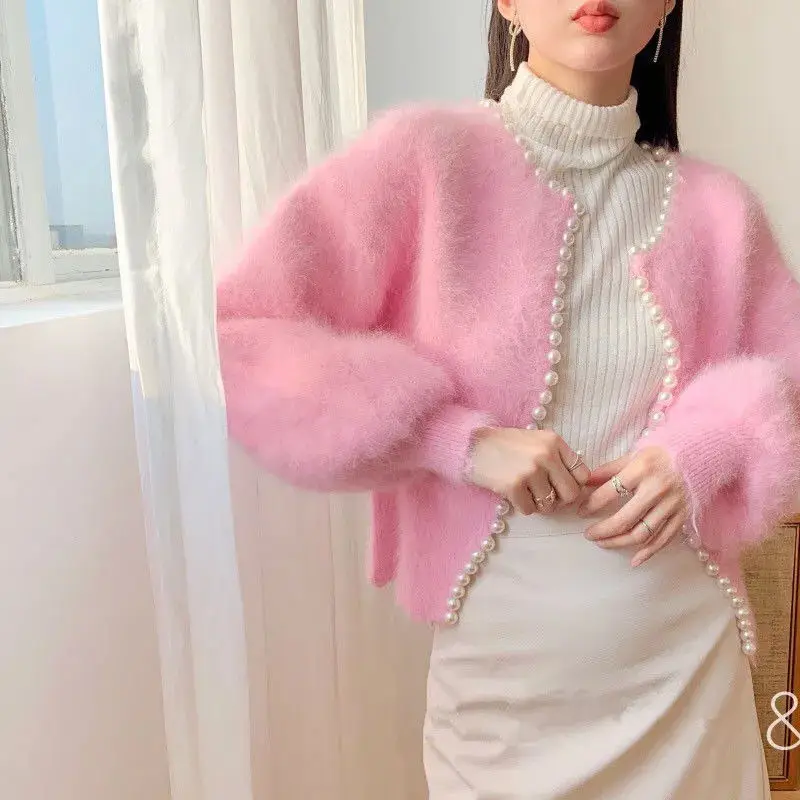 Korea Lantern Sleeve Mink Cashmere Sweater Knitted Cardigan Beads New Causal Knitwear Open Stitch