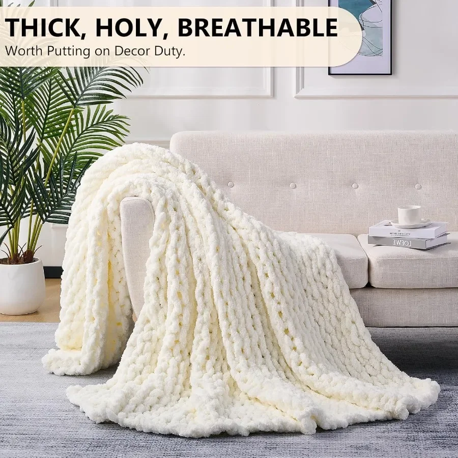 Chunky Knit Blanket Throw: 72''x84'' Chenille Chunky Knitted Throw Blanket for Bed Couch Handmade Thick Big Cable Knit Blanket