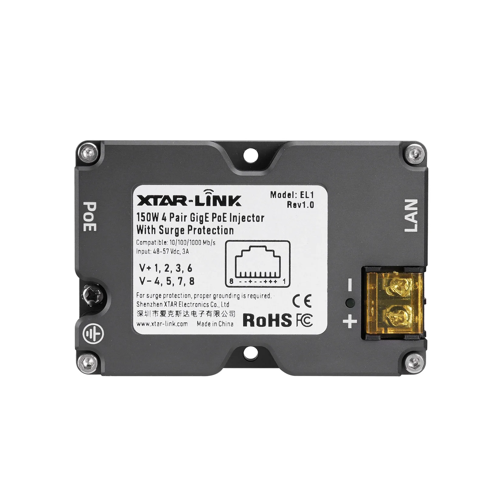GigE PoE Injector for Security Systems with 48-57V Input