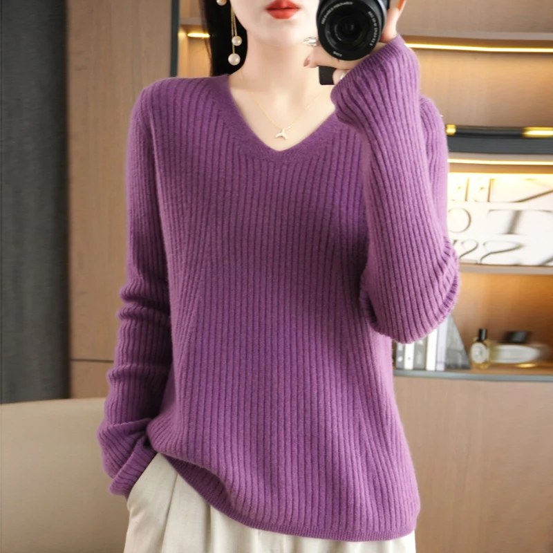 

2023 New Cashmere Sweater Women V-Neck Pullover Women Long Sleeves Solid Color Cashmere Sweater Women