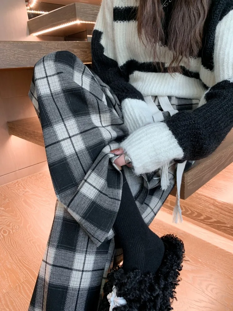 

GUUZYUVIZ Женские клетчатые брюки на шнуровке, повседневные широкие брюки с эластичным поясом, с плюшевой подкладкой и толстой изоляцией, Осень-зима 2023